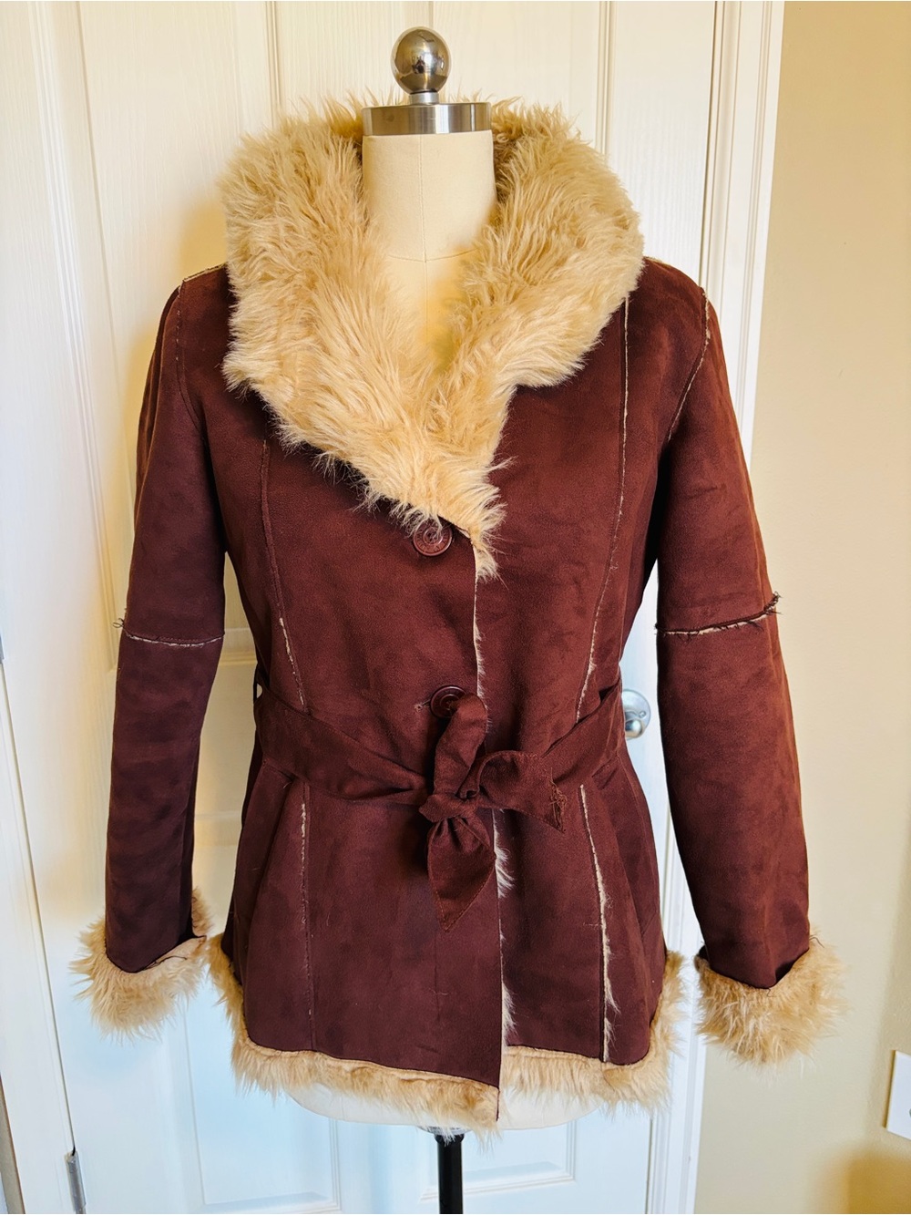 Brown Faux-Suede Jacket with Cream Faux-Fur Trim and inside the jacket.